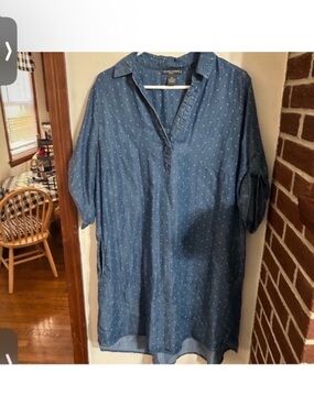 Chelsea & Theodore Size 1x Blue Short-Sleeve Button Down Denim Dotted Dress